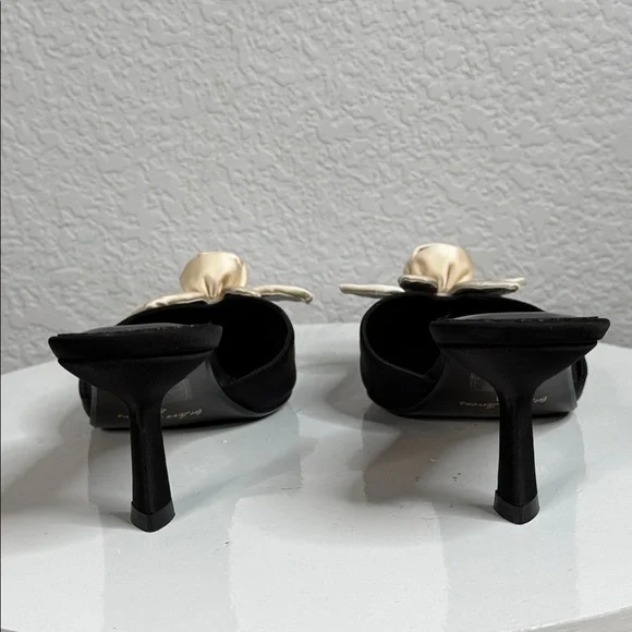 FOR LOVE & LEMONS 🍋 CLAUDINE BLACK SATIN FLORAL ROSETTE KITTEN HEELS - Picture 10 of 15